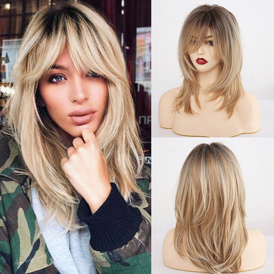 Women Long Hair Gradient Golden Wig – Natural Looking Synthetic Fashion Wig with Headgear