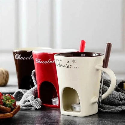 Mini Fondue Mug Set for One – Chocolate, Cheese & Butter Melter Cup with Heat Warmer