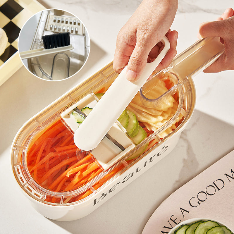 “Multifunction Vegetable Cutter & Slicer with Drain Basket and Cleaning Brush | Portable Manual Chopper for Kitchen”