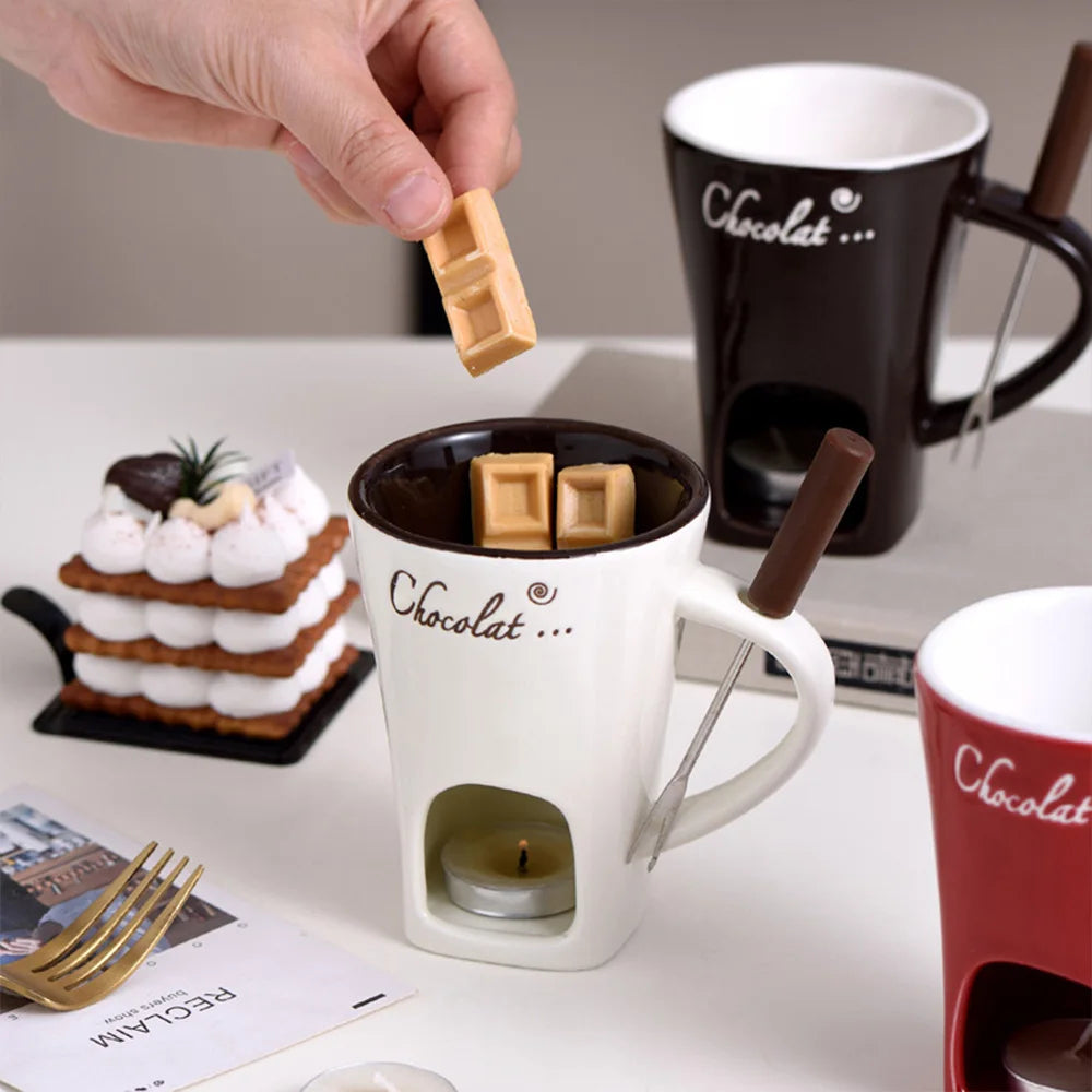 Mini Fondue Mug Set for One – Chocolate, Cheese & Butter Melter Cup with Heat Warmer