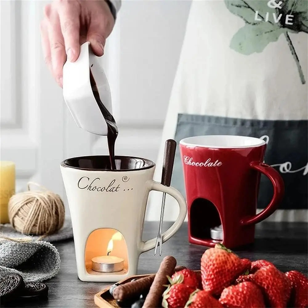 Mini Fondue Mug Set for One – Chocolate, Cheese & Butter Melter Cup with Heat Warmer