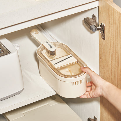 “Multifunction Vegetable Cutter & Slicer with Drain Basket and Cleaning Brush | Portable Manual Chopper for Kitchen”