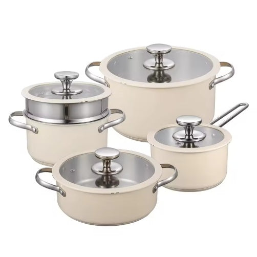 9pcs Stainless Steel Ceramic Coated Cookware Set – Milk Pot, Stockpots, Non-Stick Pan, Steamer & Lids